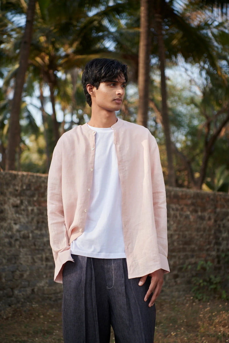 Blush Linen Men's Band Collar Shirt