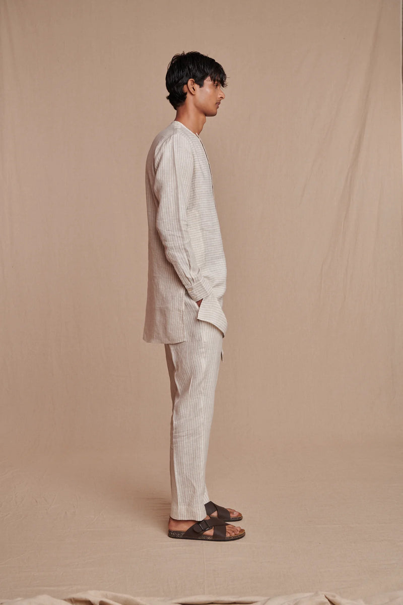Undyed Pinstripe Linen Side Open Kurta Set