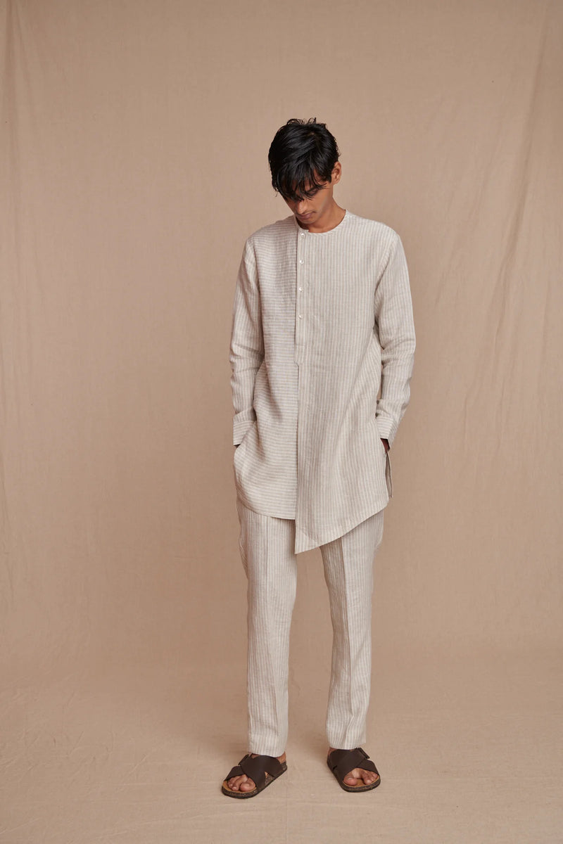 Undyed Pinstripe Linen Side Open Kurta Set