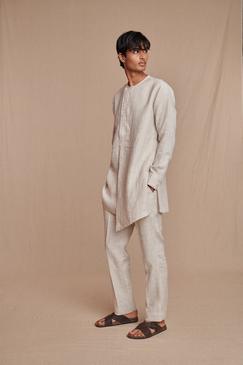 Undyed Pinstripe Linen Side Open Kurta Set
