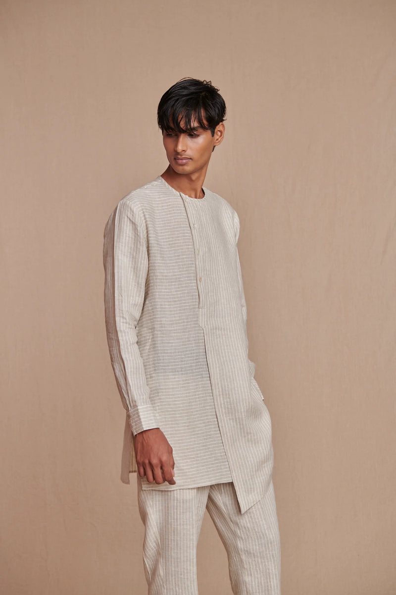 Undyed Pinstripe Linen Side Open Kurta Set