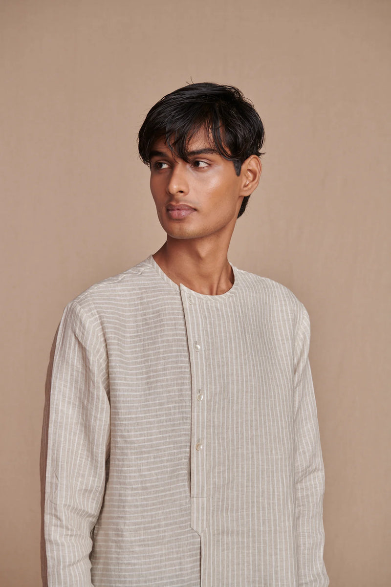 Undyed Pinstripe Linen Side Open Kurta Set