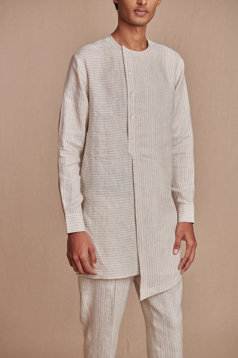 Undyed Pinstripe Linen Side Open Kurta Set