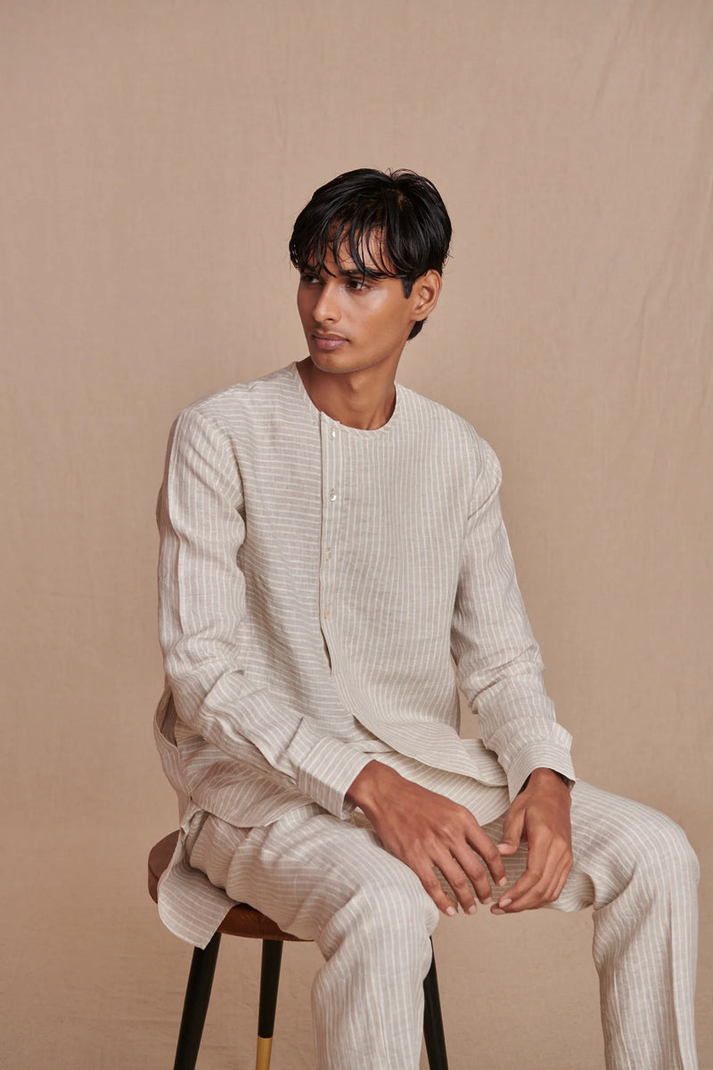 Undyed Pinstripe Linen Side Open Kurta Set