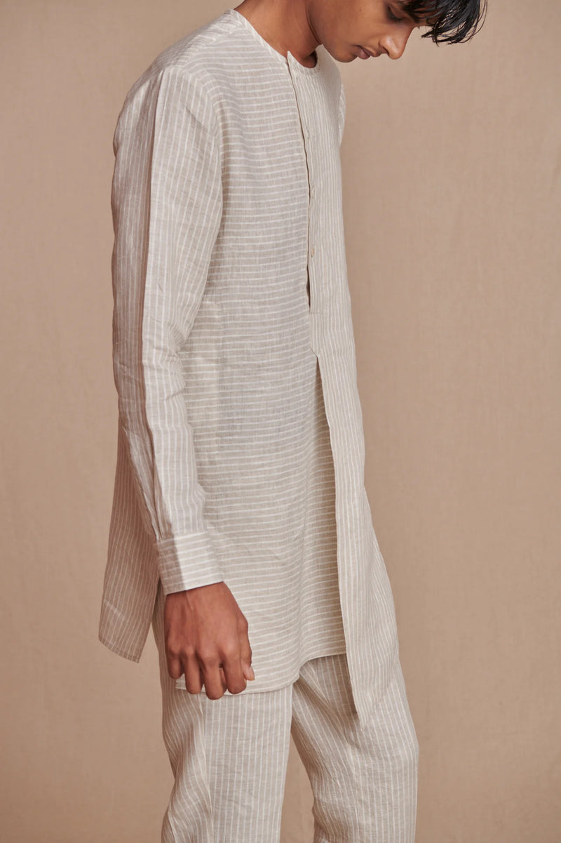 Undyed Pinstripe Linen Side Open Kurta Set