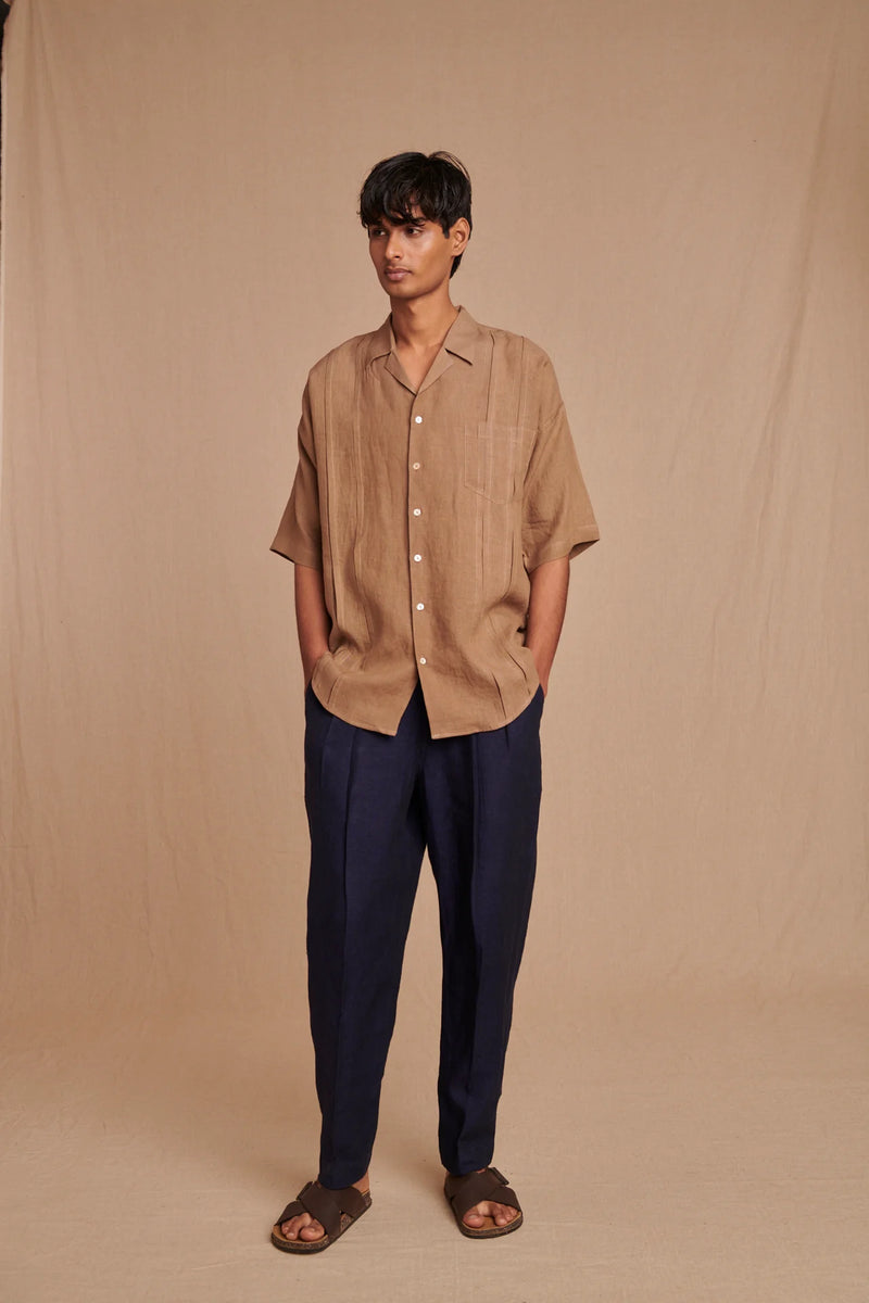 Mousse Linen Men's Pleated Camp Collar Shirt