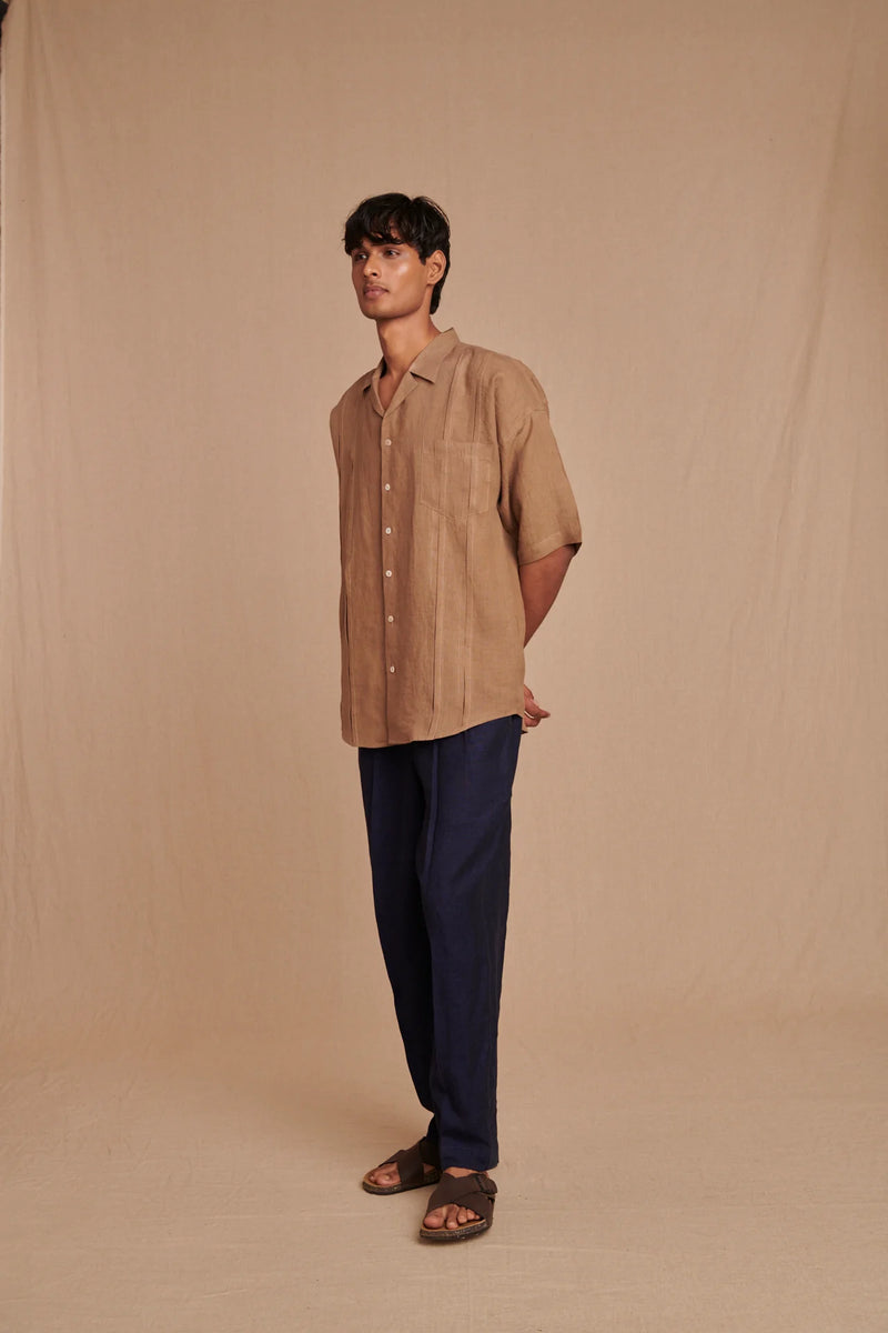 Mousse Linen Men's Pleated Camp Collar Shirt