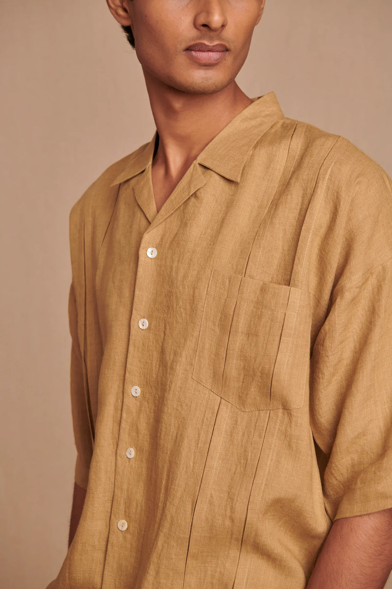 Husk Linen Men's Pleated Camp Collar Shirt