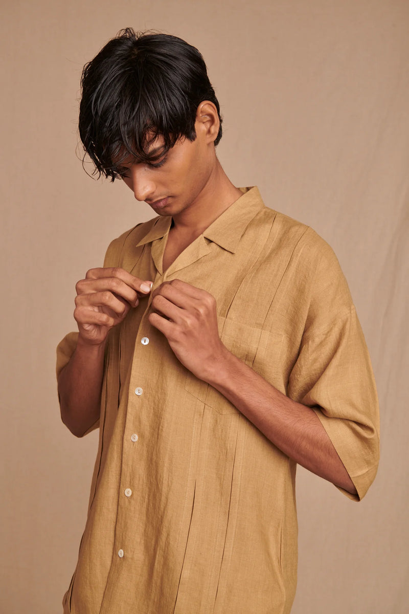 Husk Linen Men's Pleated Camp Collar Shirt