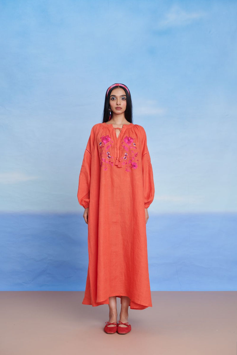 Tangerine Linen Puff Sleeves Dress