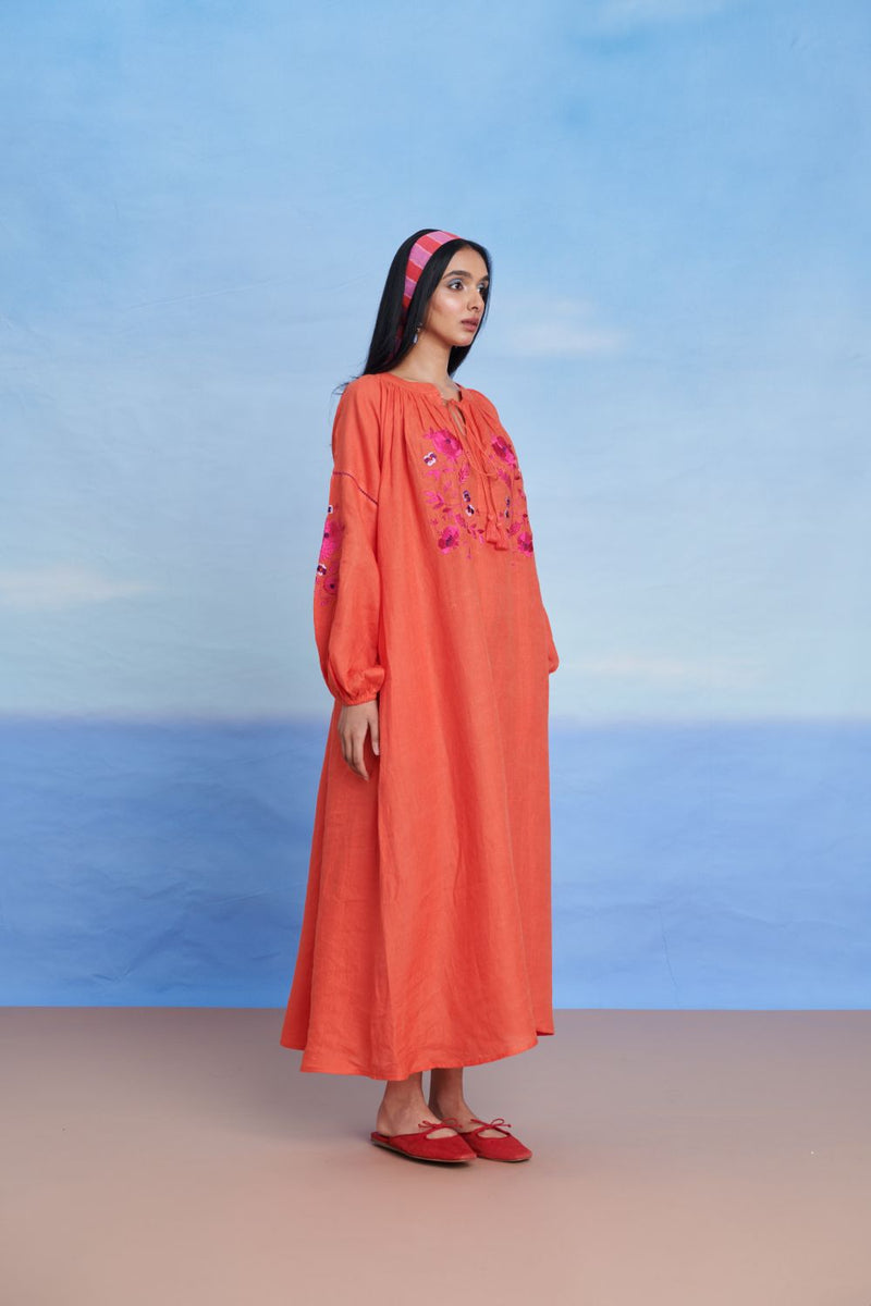 Tangerine Linen Puff Sleeves Dress