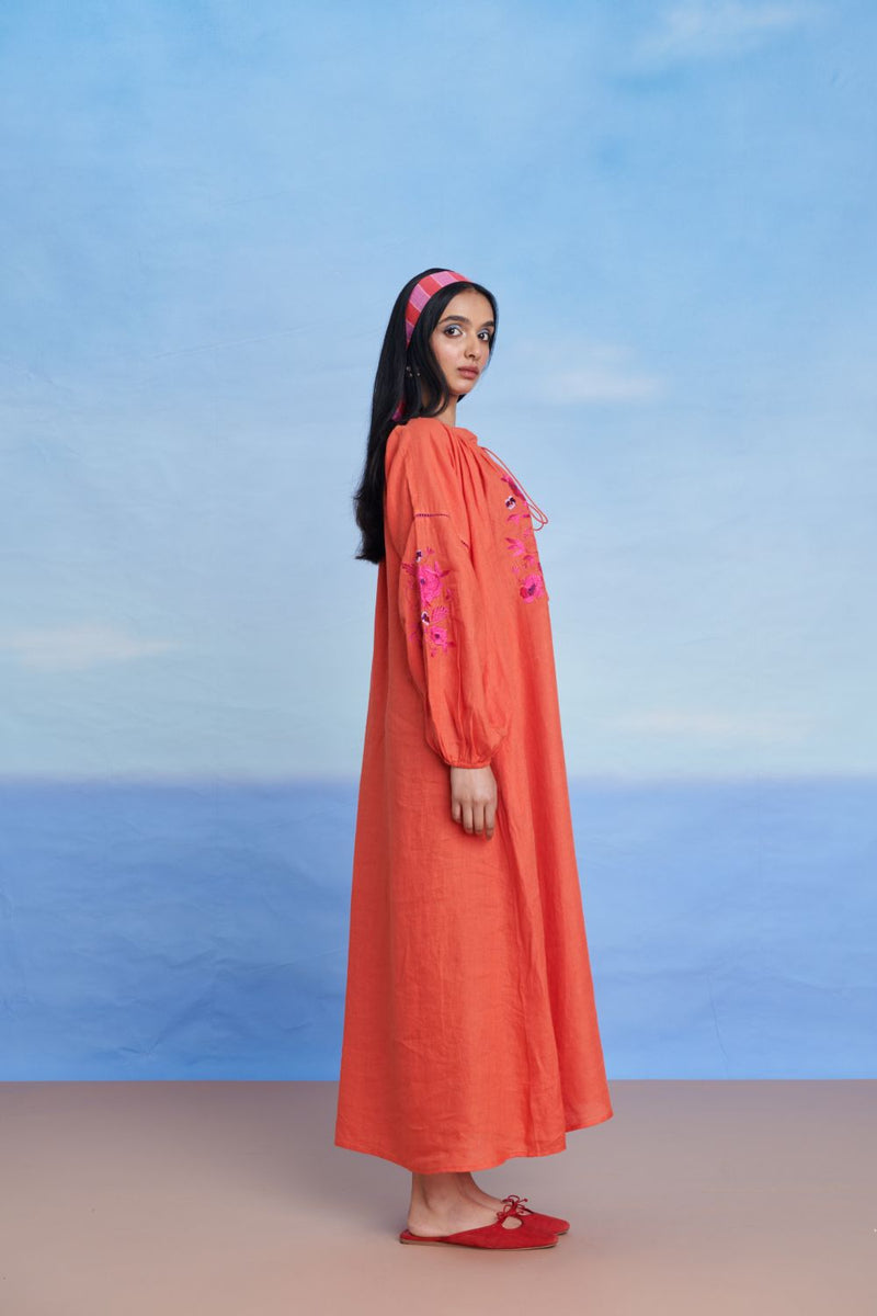 Tangerine Linen Puff Sleeves Dress
