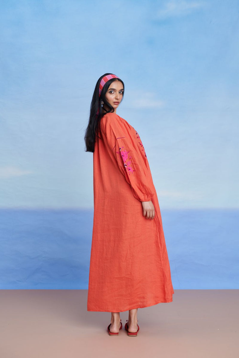 Tangerine Linen Puff Sleeves Dress