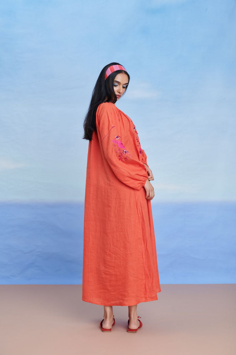 Tangerine Linen Puff Sleeves Dress