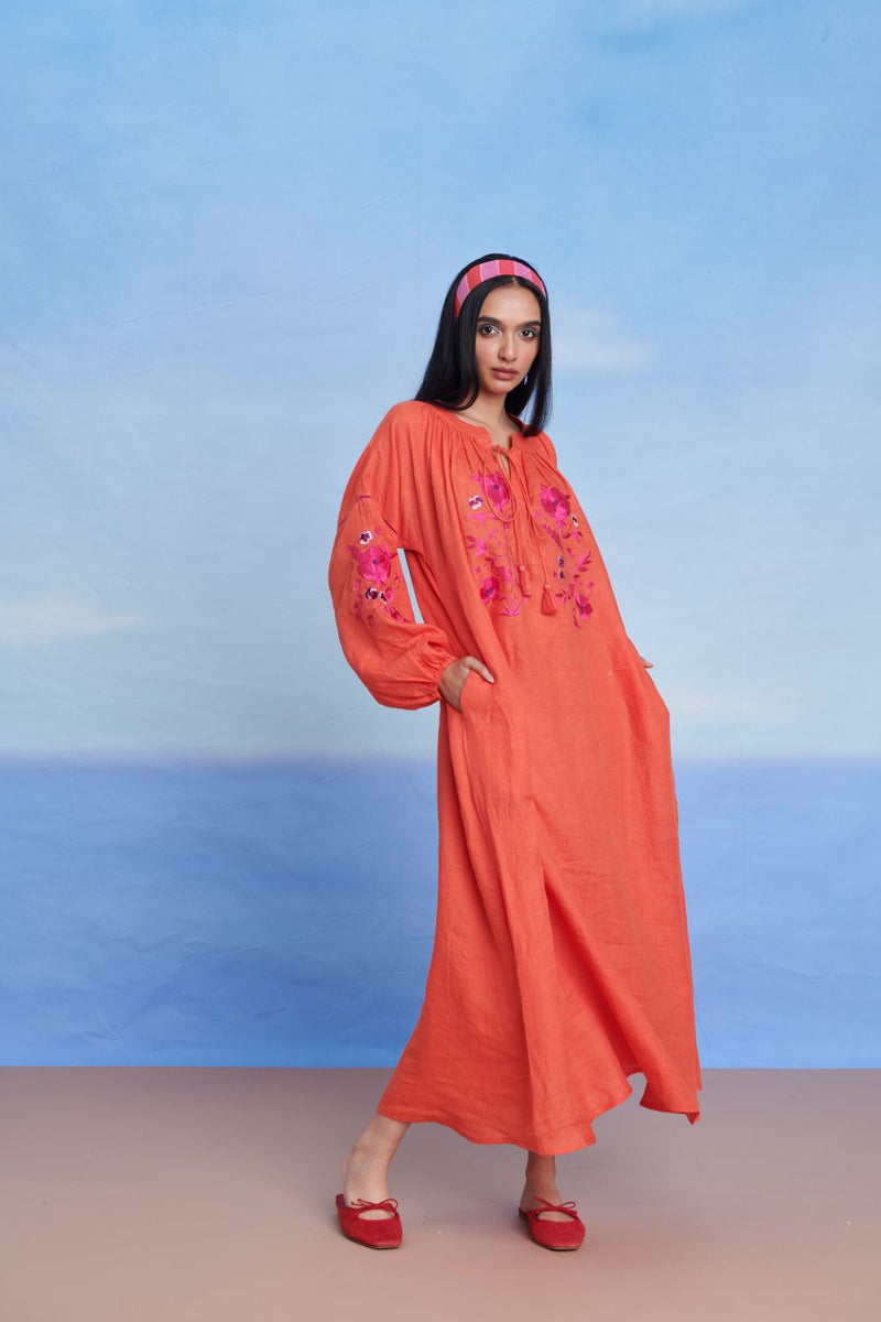 Tangerine Linen Puff Sleeves Dress