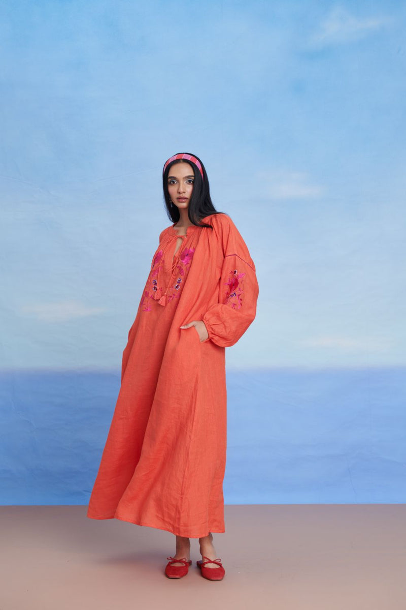 Tangerine Linen Puff Sleeves Dress