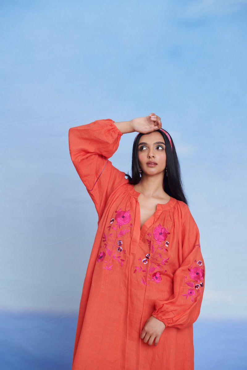 Tangerine Linen Puff Sleeves Dress