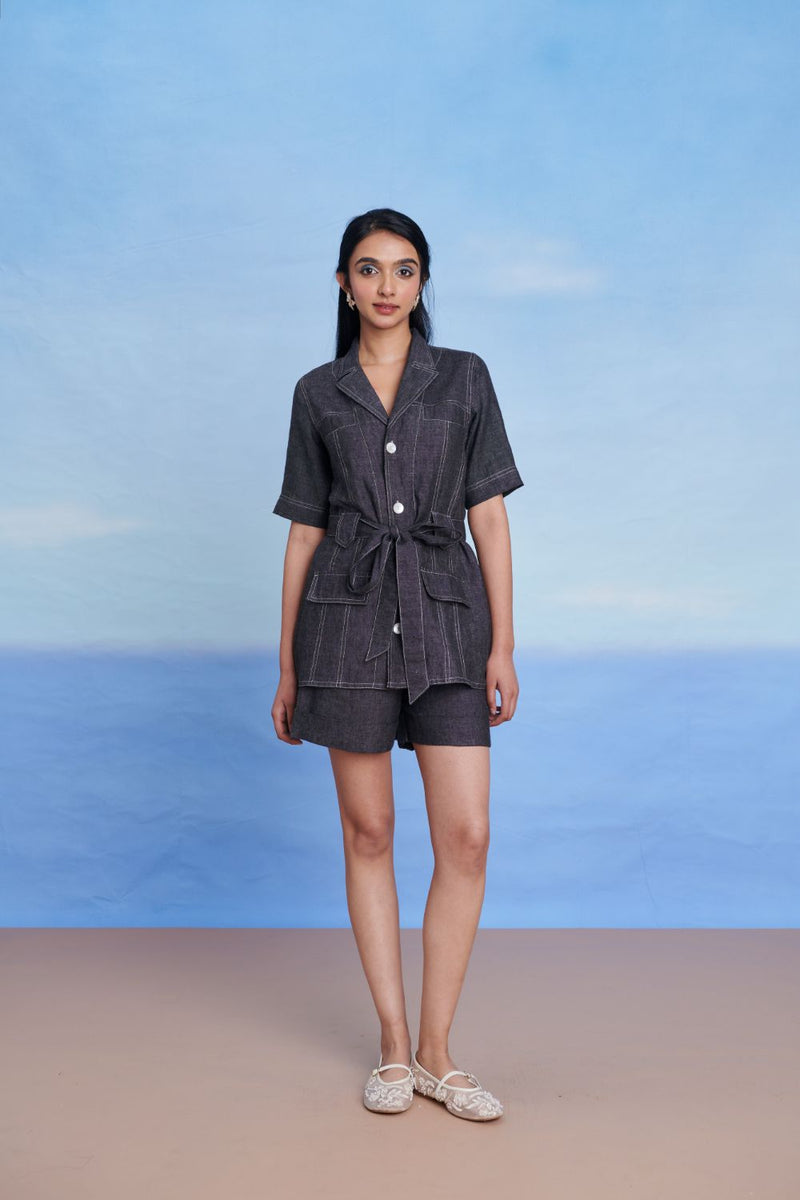 Graphite Linen Denim Front Tie Jacket and Shorts Set