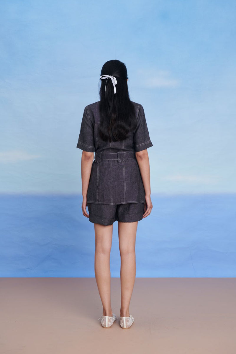Graphite Linen Denim Front Tie Jacket and Shorts Set