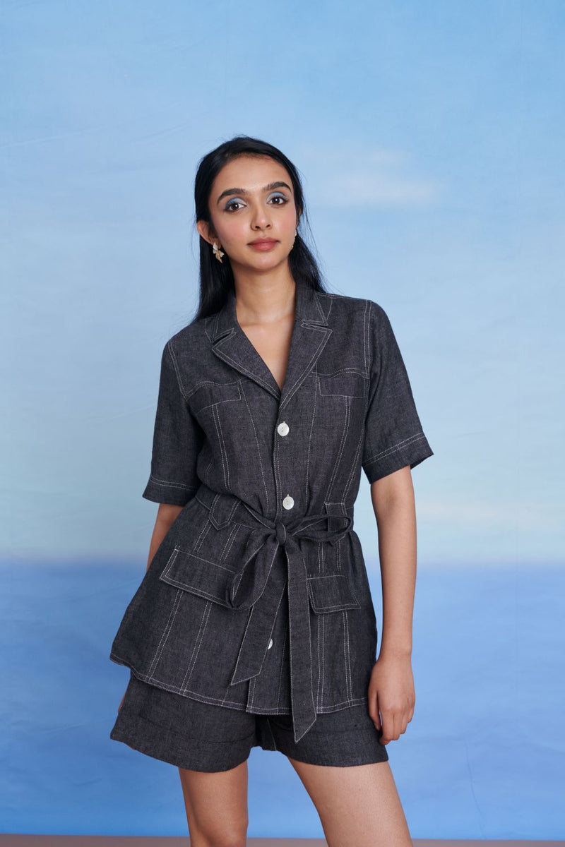 Graphite Linen Denim Front Tie Jacket and Shorts Set