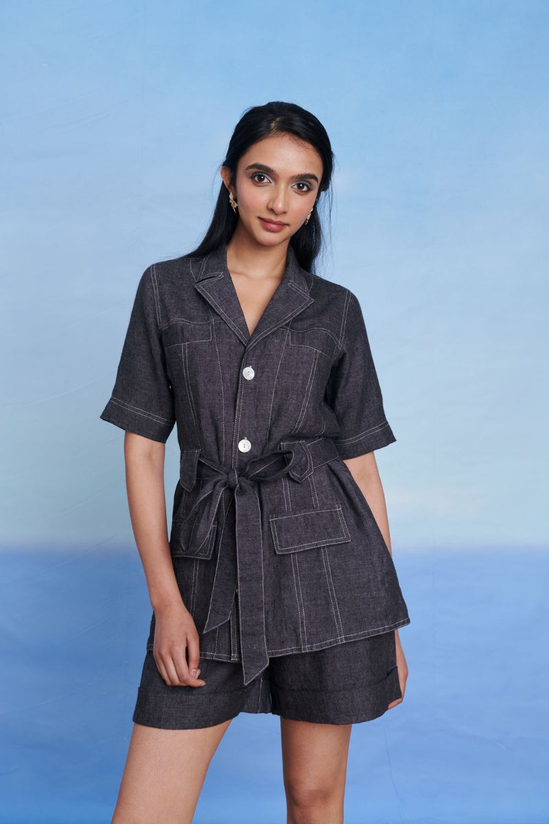 Graphite Linen Denim Front Tie Jacket and Shorts Set