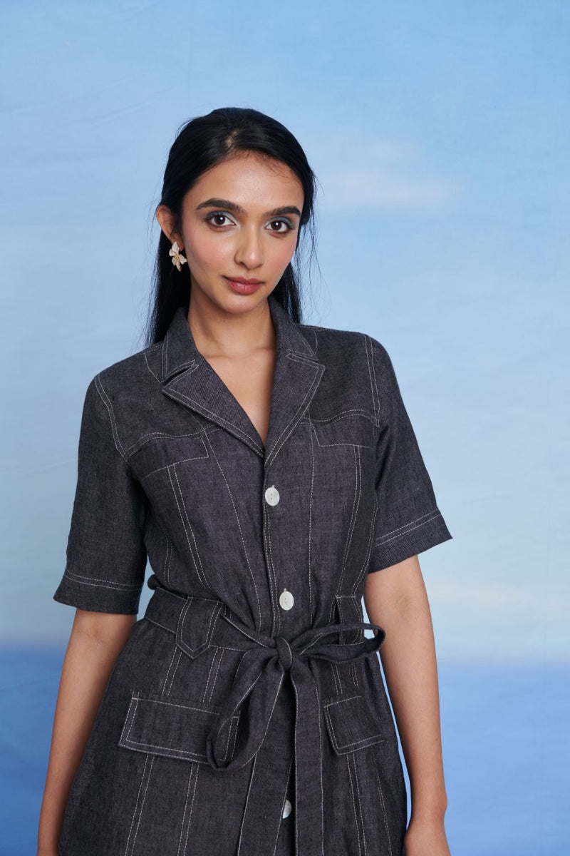 Graphite Linen Denim Front Tie Jacket and Shorts Set