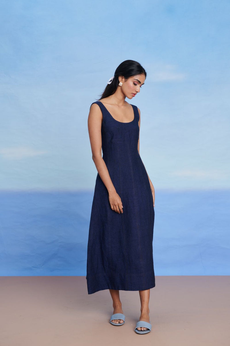 Neel Linen Denim Panelled Dress