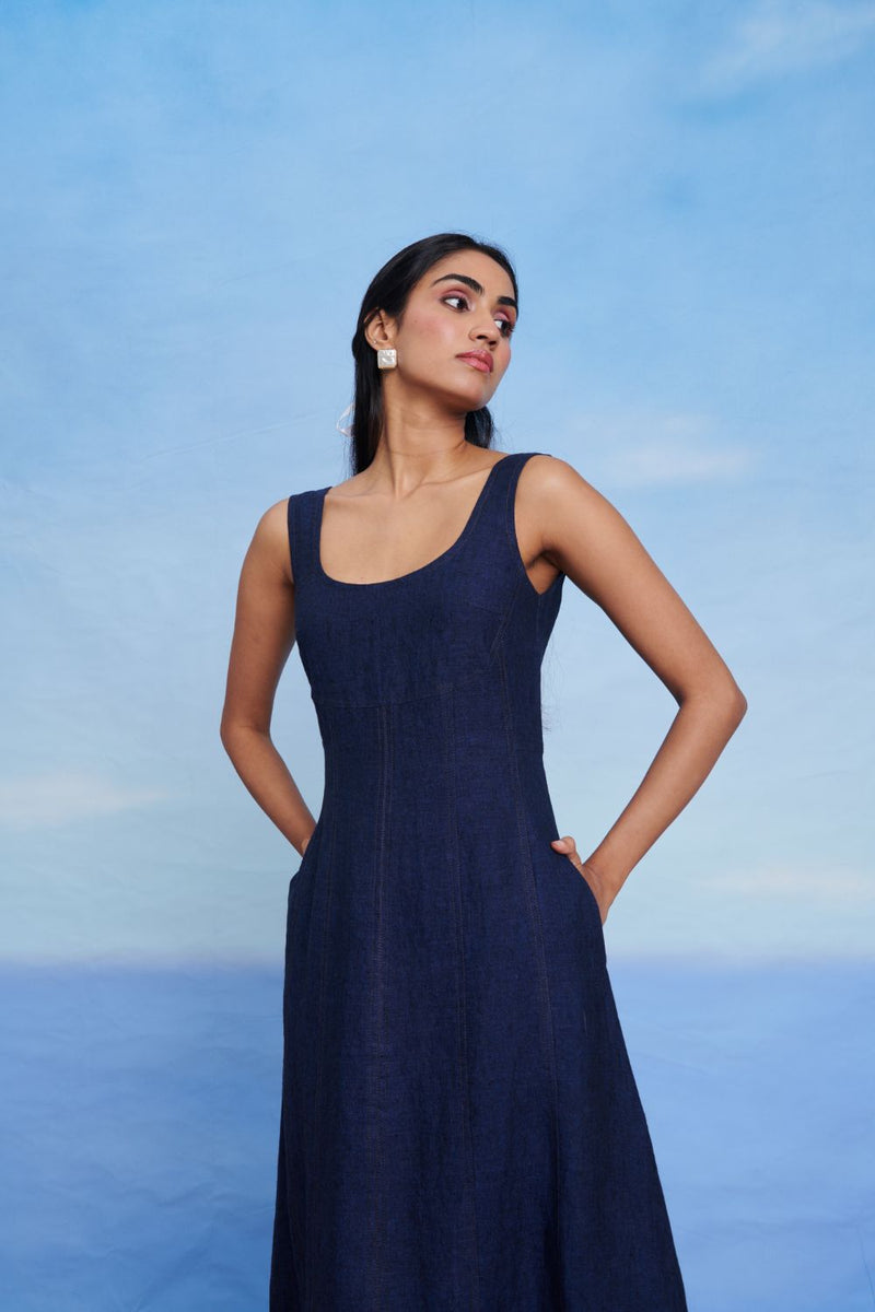 Neel Linen Denim Panelled Dress