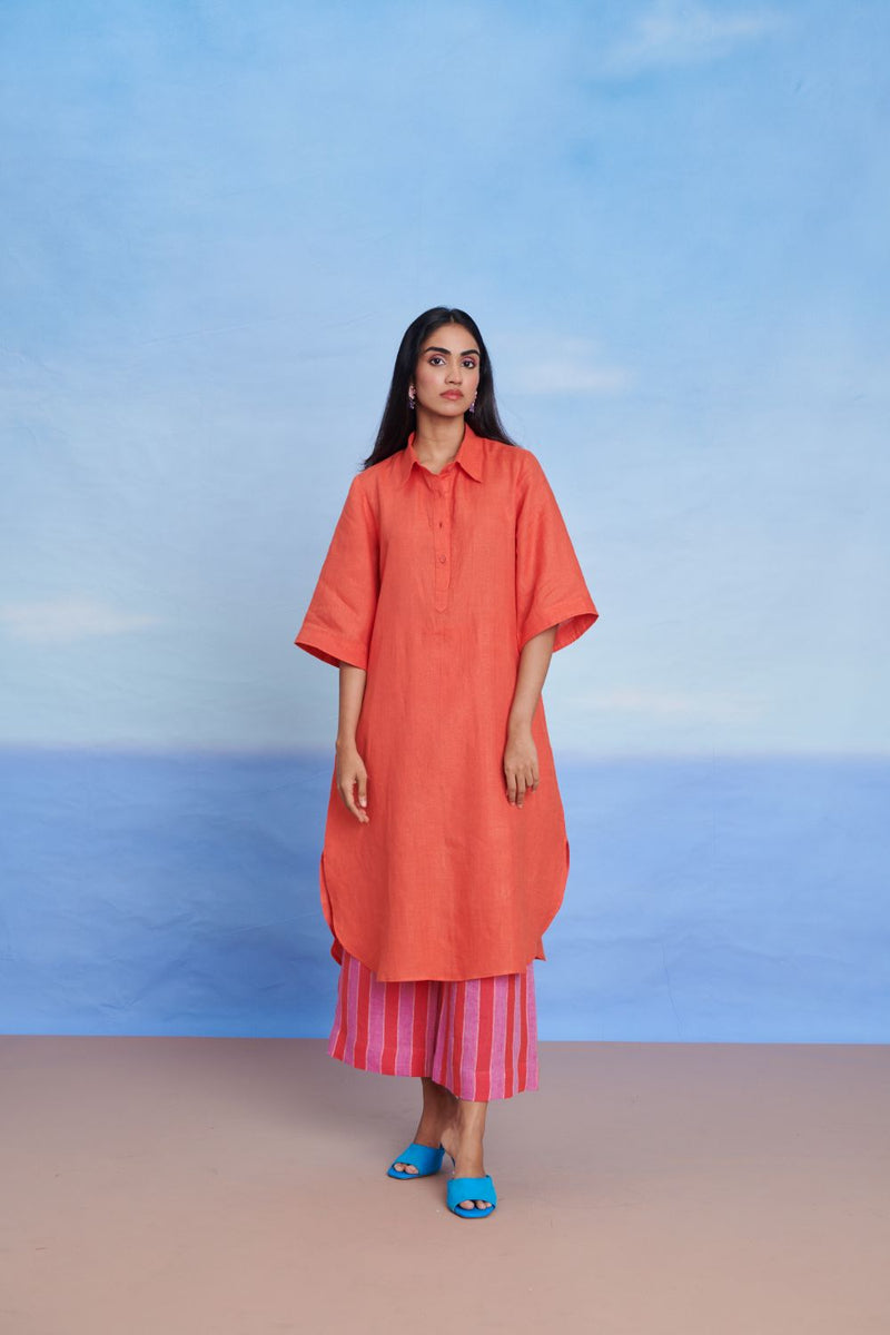 Tangerine Amalfi Linen Women's Shirt Kurta Set