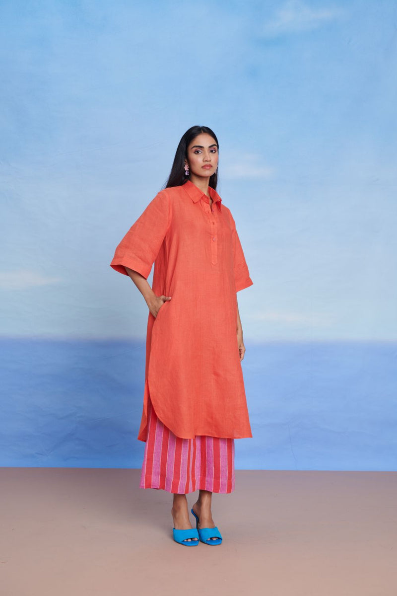 Tangerine Linen Women's Shirt Kurta