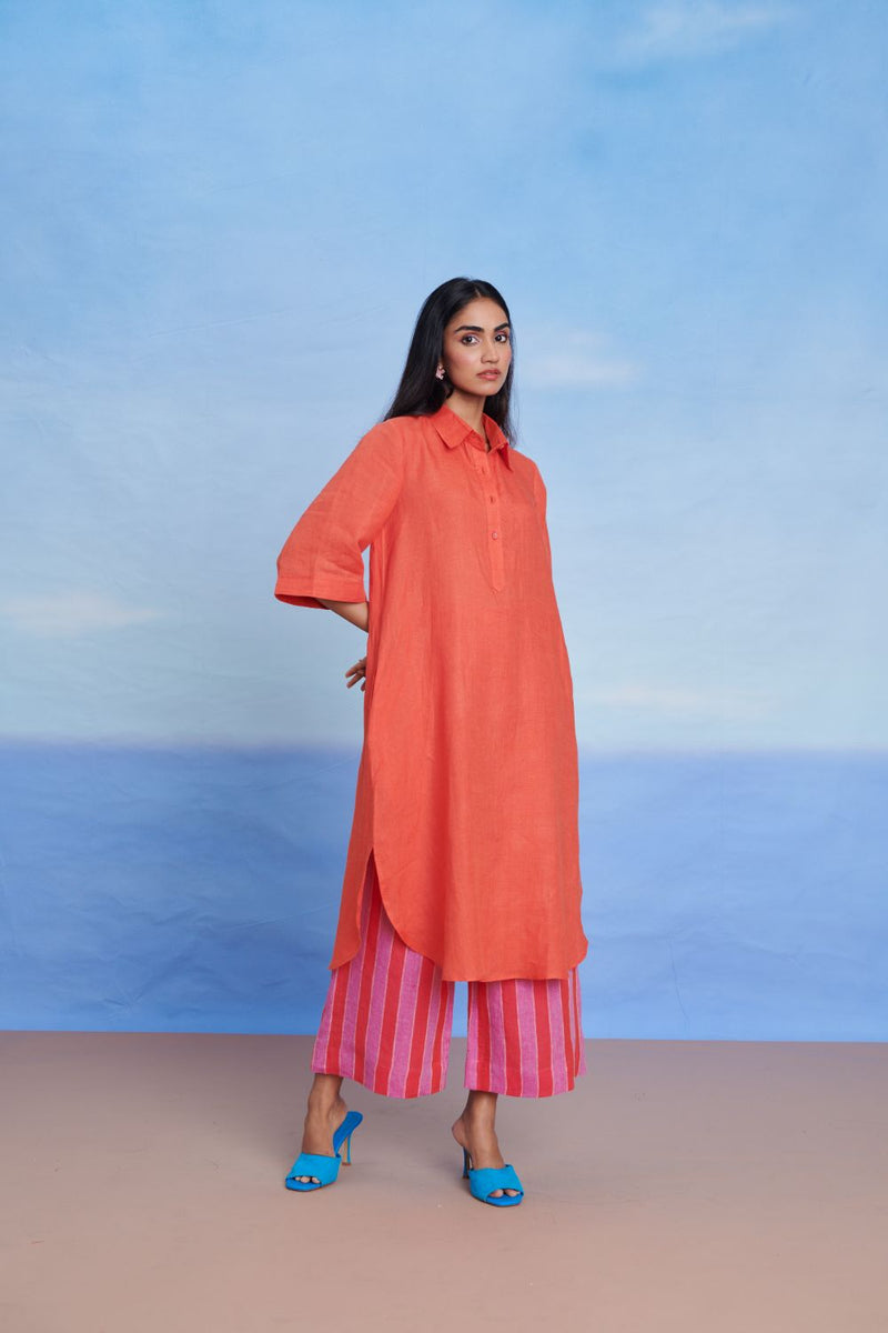 Tangerine Amalfi Linen Women's Shirt Kurta Set