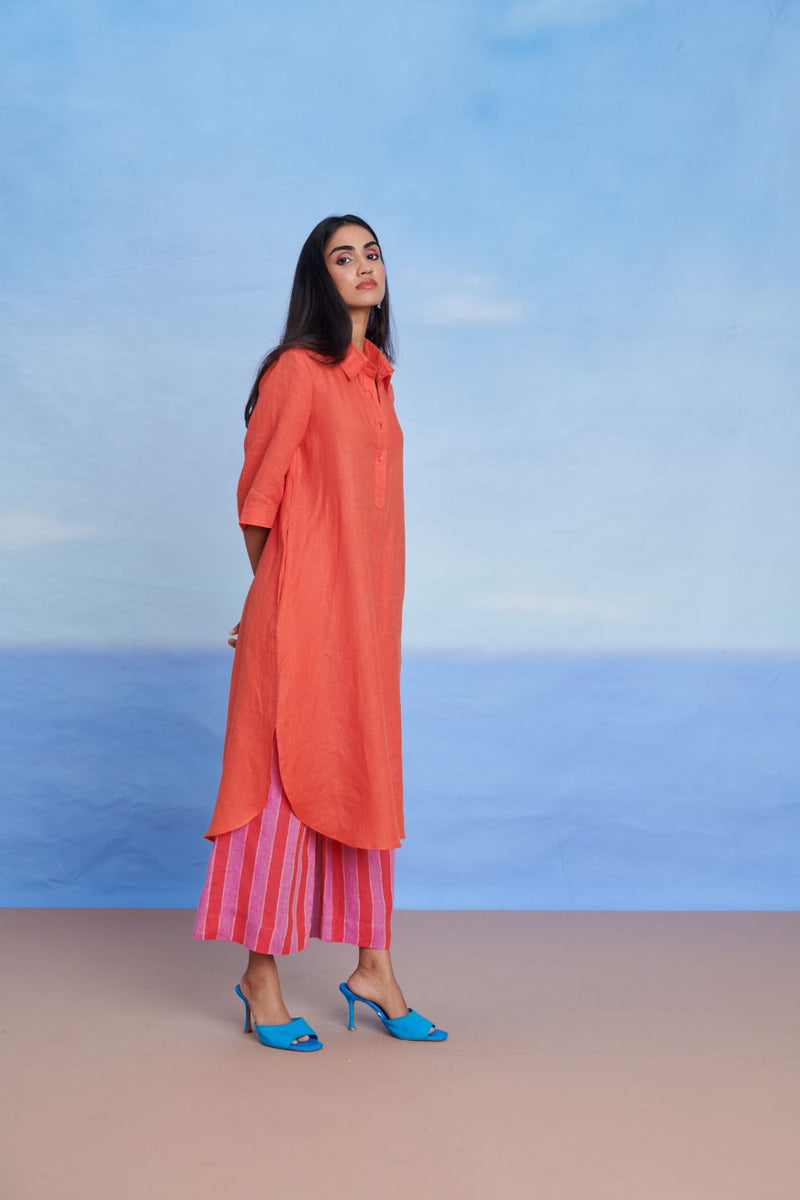 Tangerine Amalfi Linen Women's Shirt Kurta Set