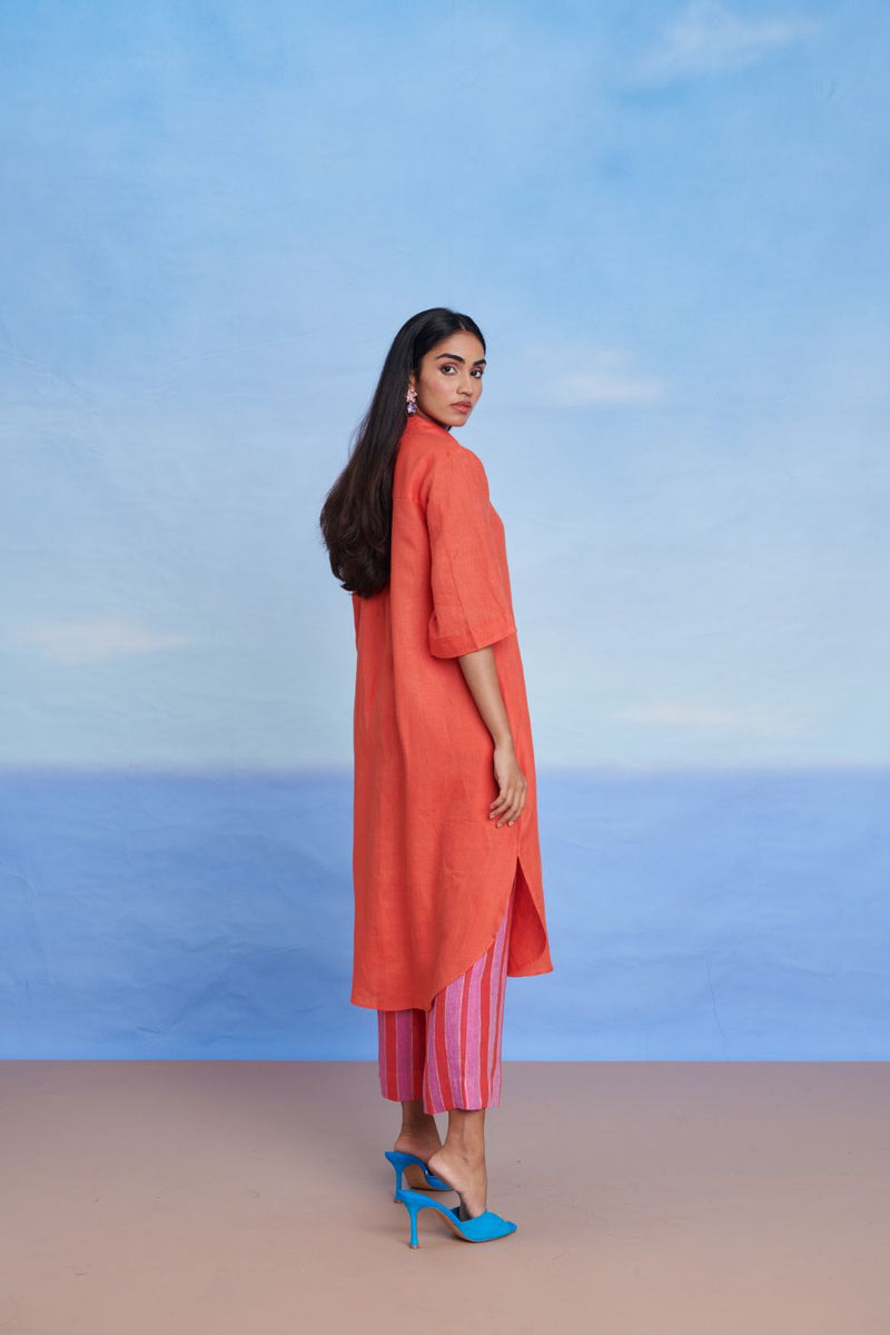 Tangerine Amalfi Linen Women's Shirt Kurta Set