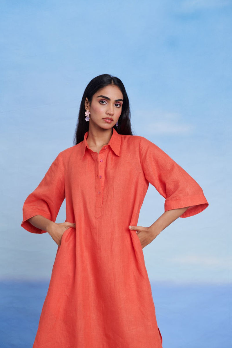 Tangerine Linen Women's Shirt Kurta