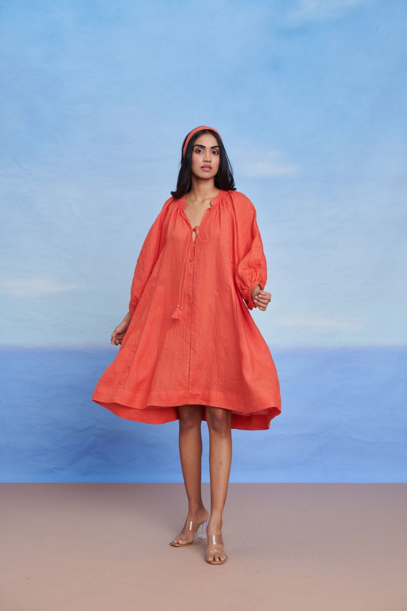 Tangerine Linen Lace Panelled Dress