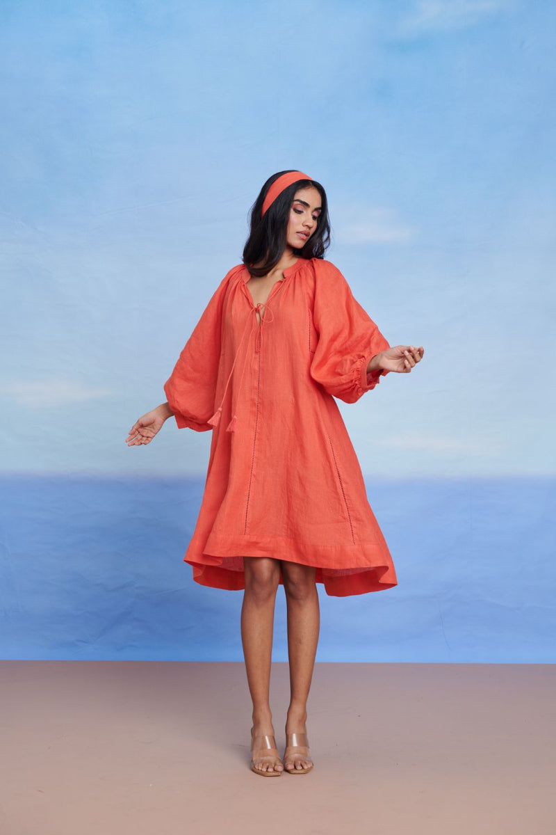 Tangerine Linen Lace Panelled Dress