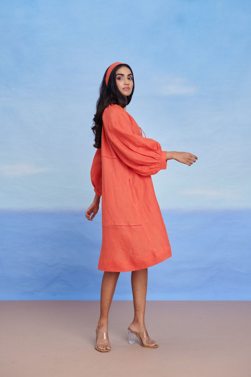 Tangerine Linen Lace Panelled Dress