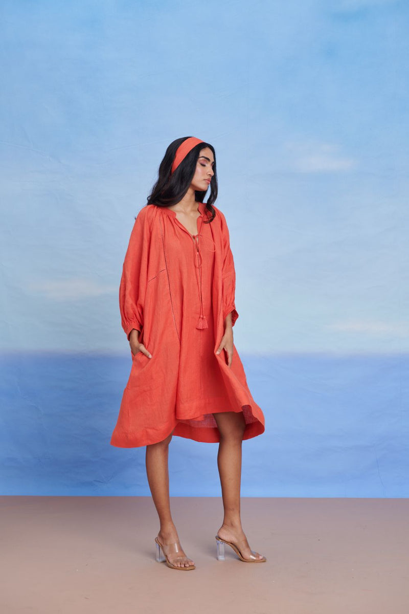 Tangerine Linen Lace Panelled Dress