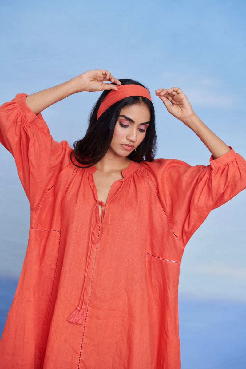 Tangerine Linen Lace Panelled Dress