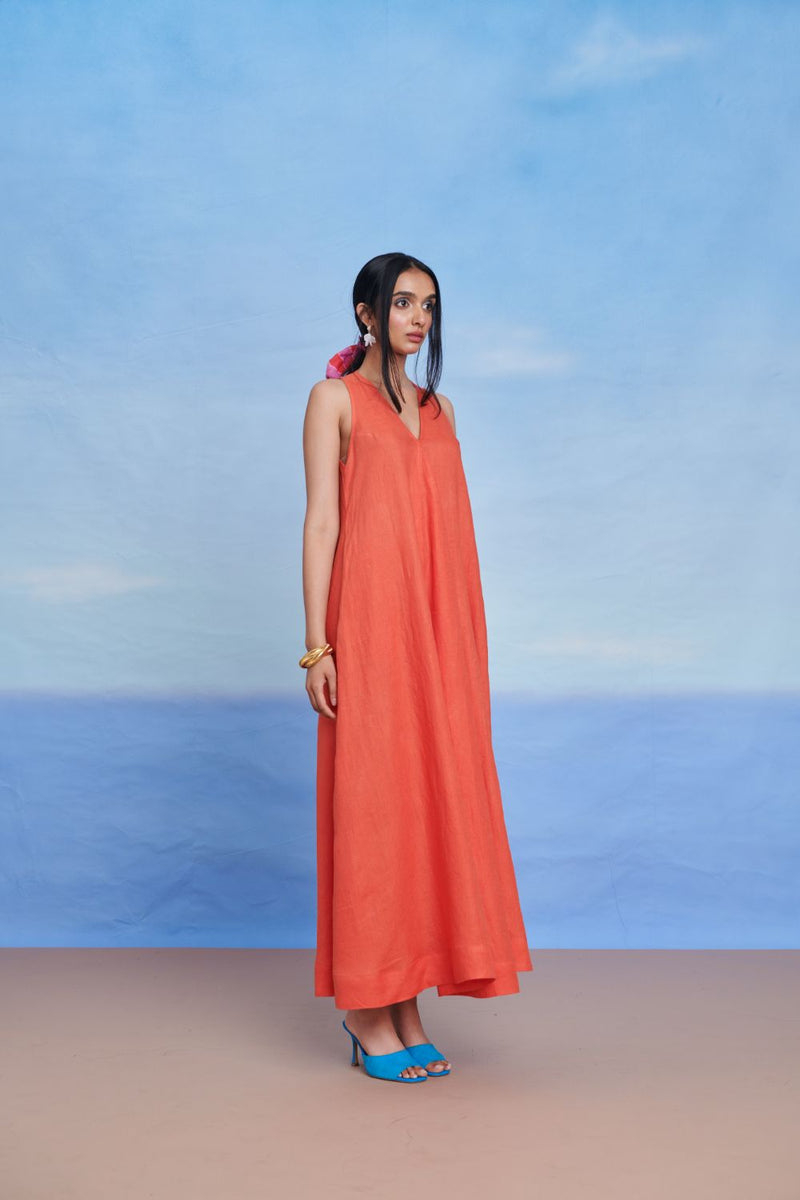 Tangerine Linen Flared Dress