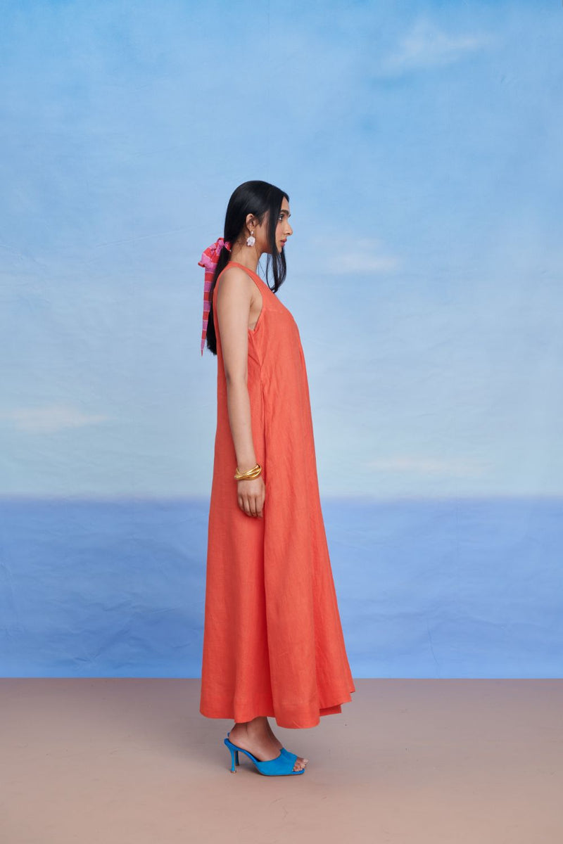 Tangerine Linen Flared Dress