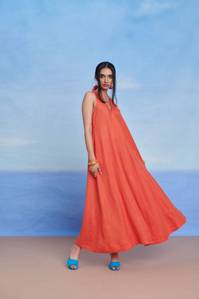 Tangerine Linen Flared Dress
