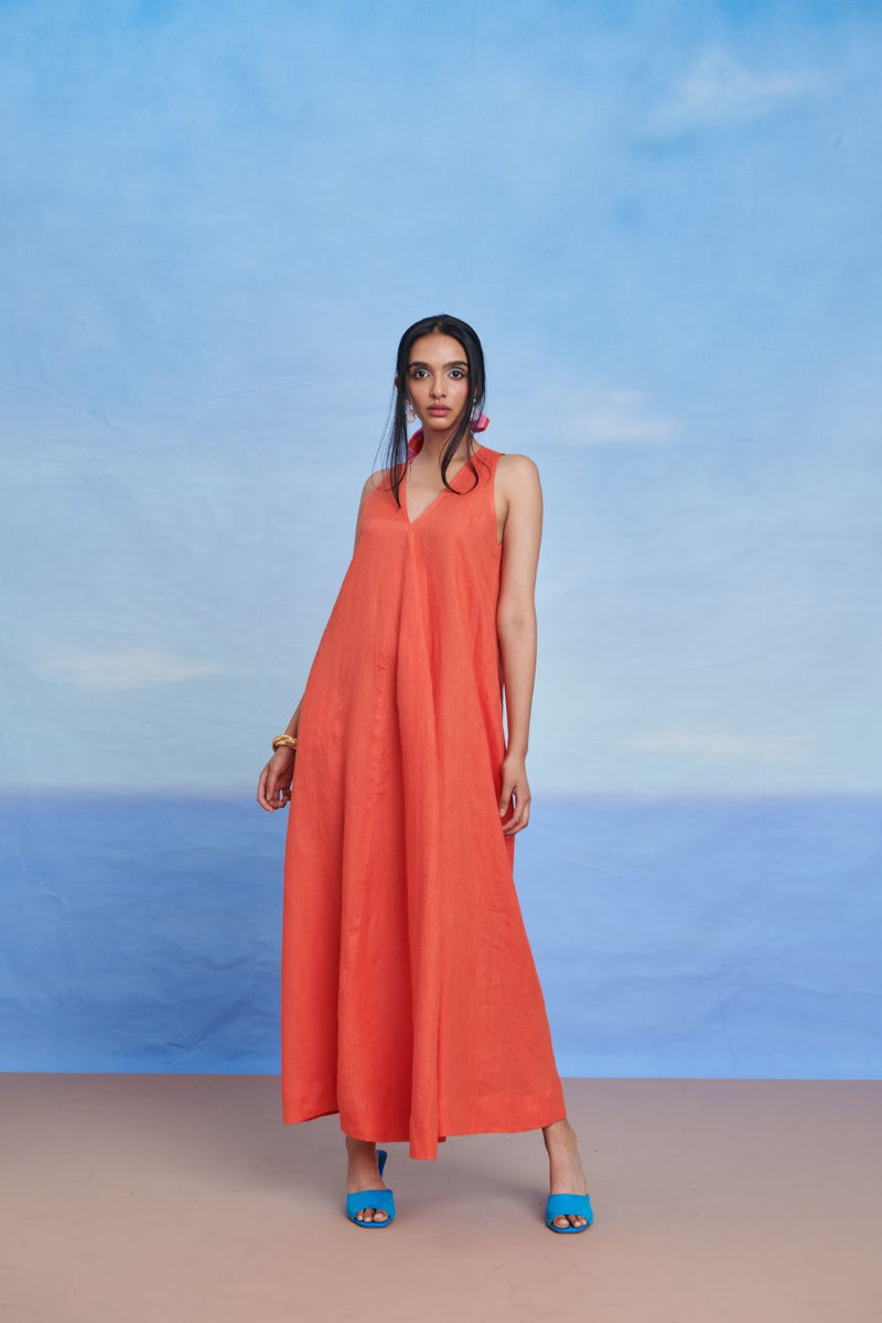 Tangerine Linen Flared Dress
