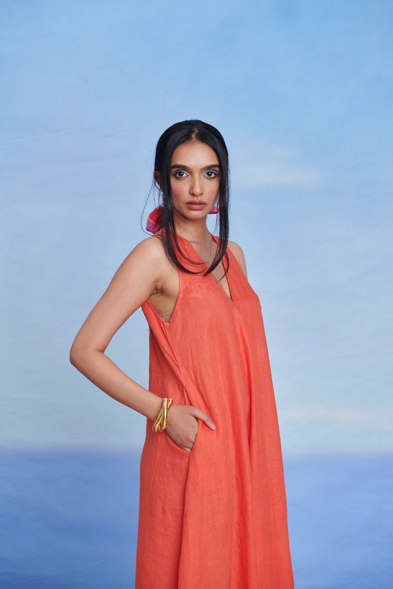 Tangerine Linen Flared Dress