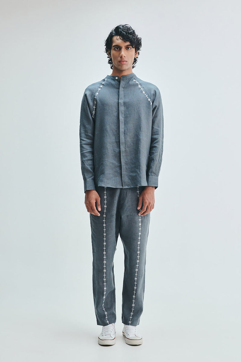 Slate Linen Embroidered Men’s Raglan Shirt linen shirt by Saphed Men in grey for men in Singapore