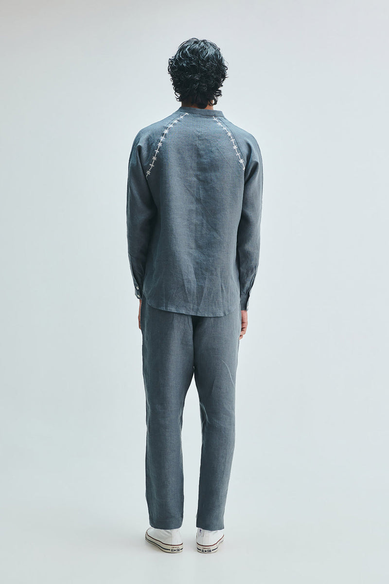 Slate Linen Embroidered Men’s Raglan Shirt Set linen co-ord set by Saphed Men in grey for men in Singapore