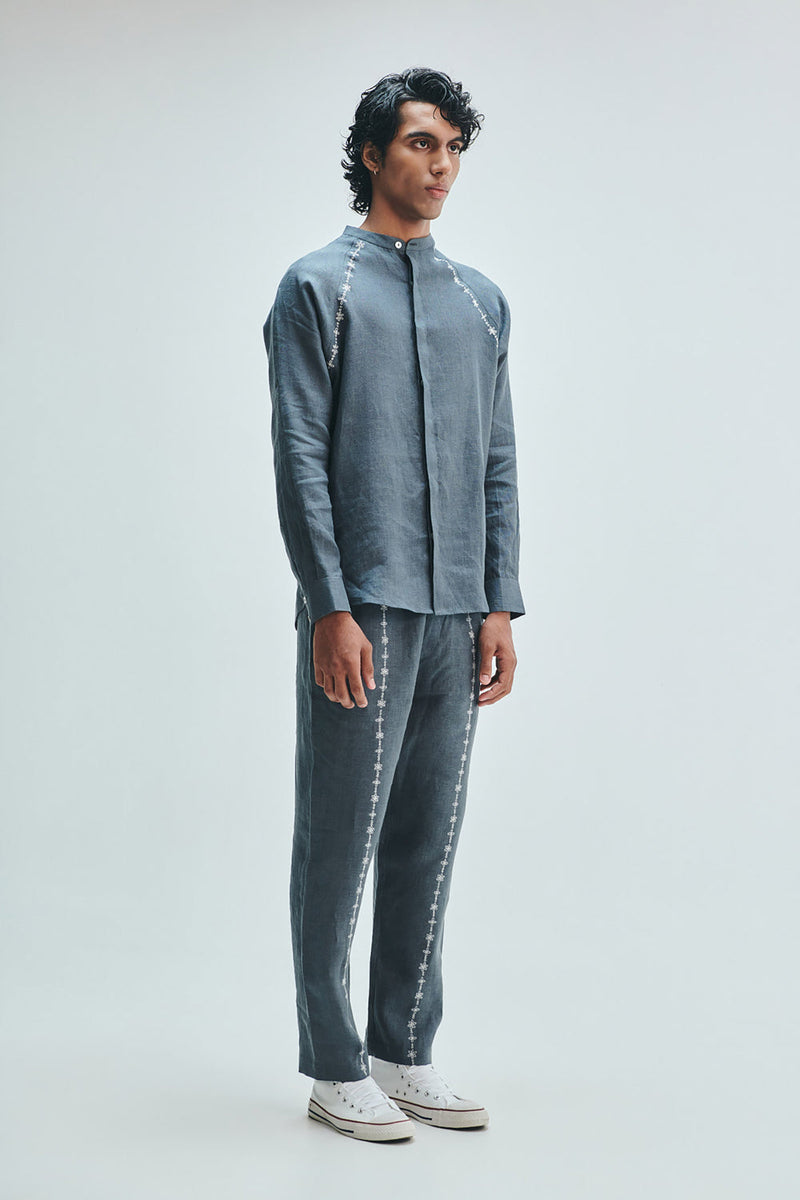 Slate Linen Embroidered Men’s Raglan Shirt linen shirt by Saphed Men in grey for men in Singapore
