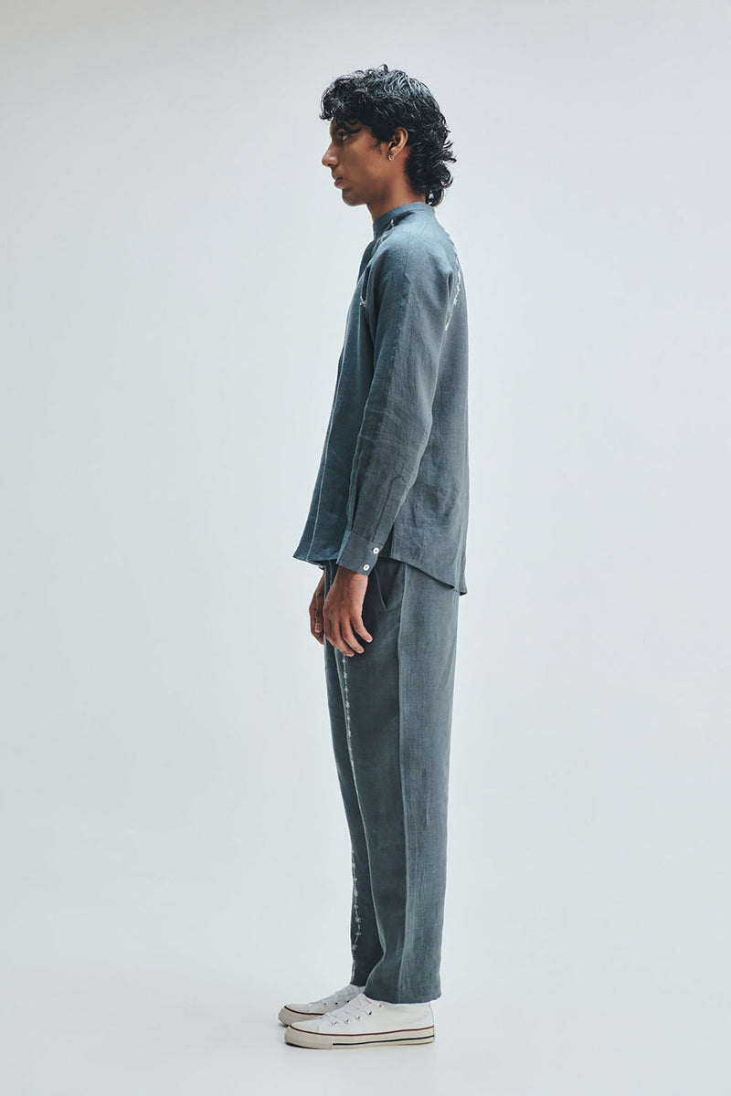 Slate Linen Embroidered Men’s Tapered Lounge Pants linen pant/trouser by Saphed Men in grey for men in Singapore