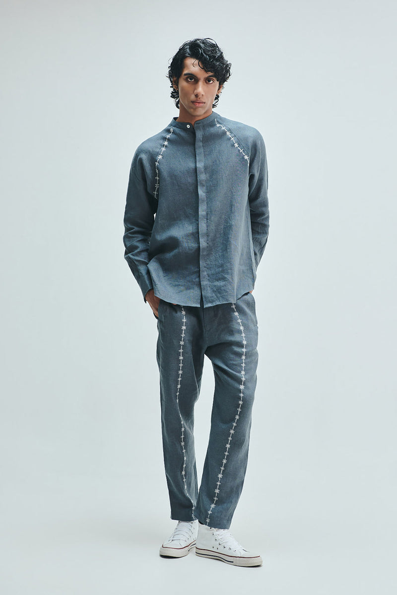 Slate Linen Embroidered Men’s Raglan Shirt linen shirt by Saphed Men in grey for men in Singapore