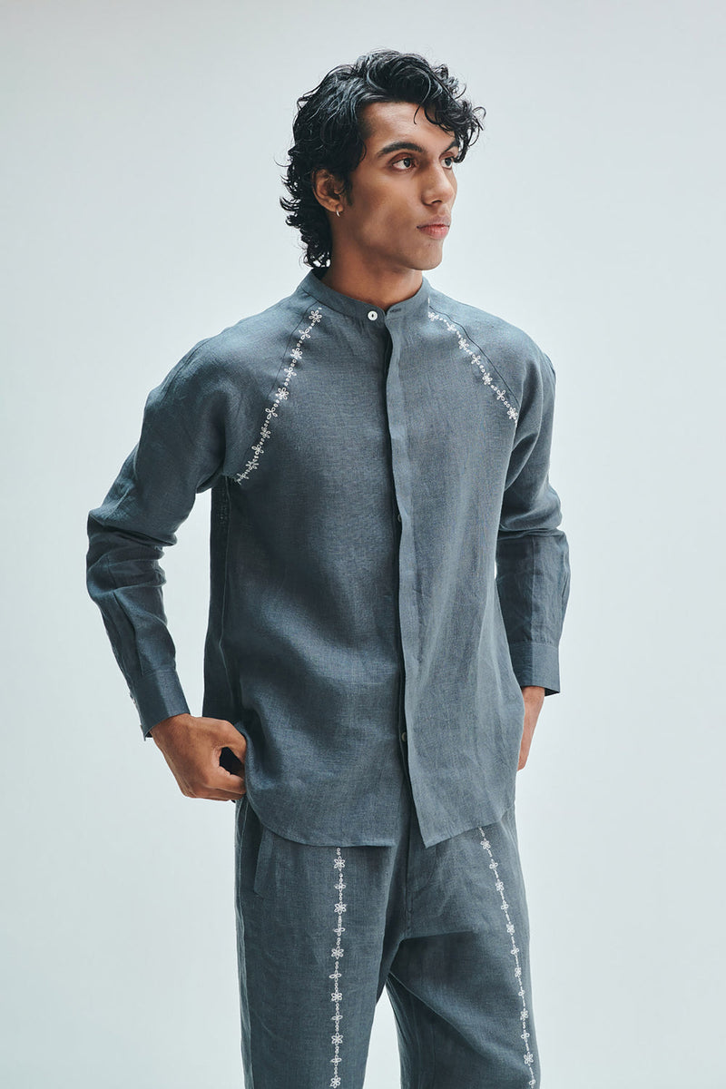 Slate Linen Embroidered Men’s Raglan Shirt Set linen co-ord set by Saphed Men in grey for men in Singapore